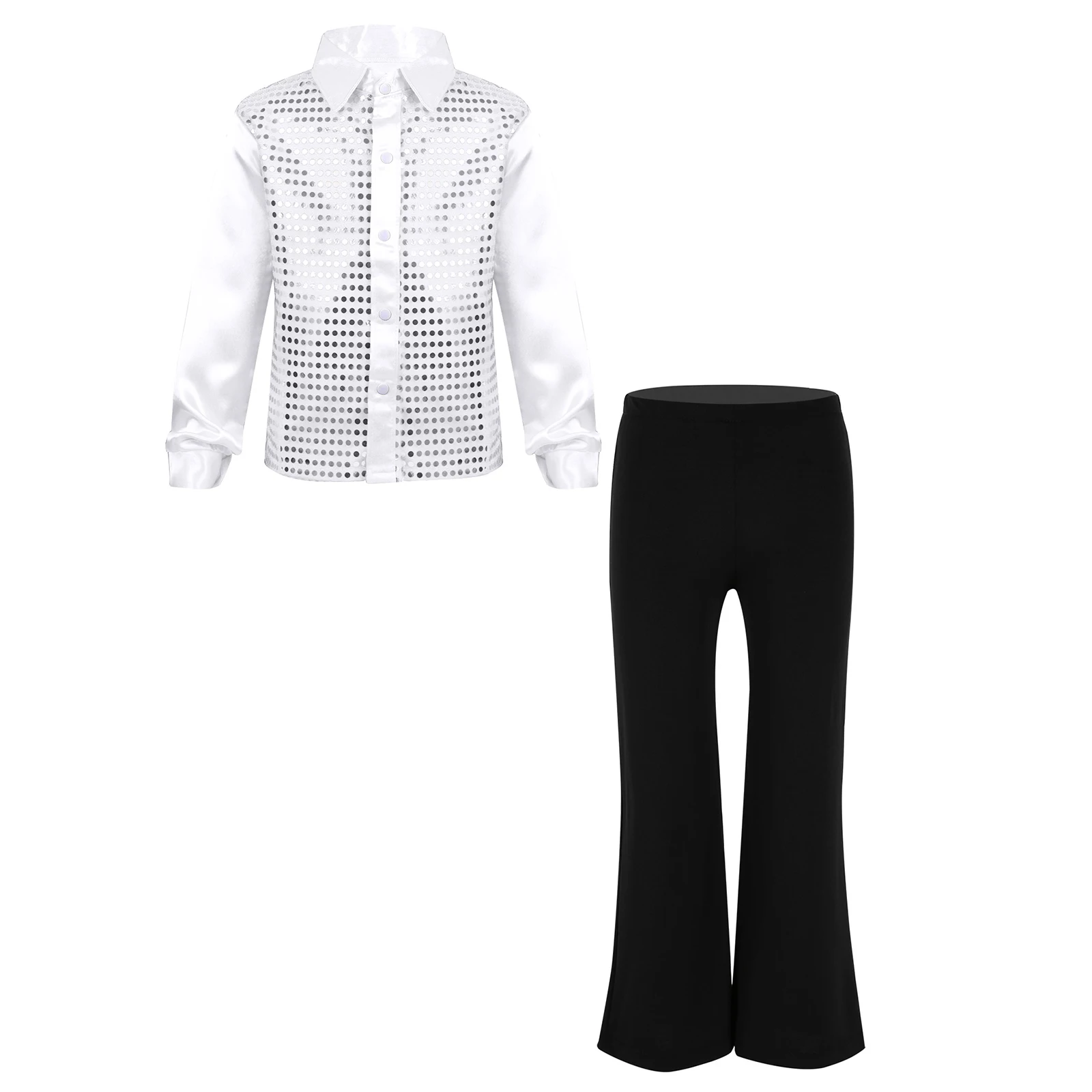 Kids Boys Long Sleeve Button-Down Sequined Shirt with Pants Dancewear Sets for Jazz Dance Costumes Stage Performance Clothes
