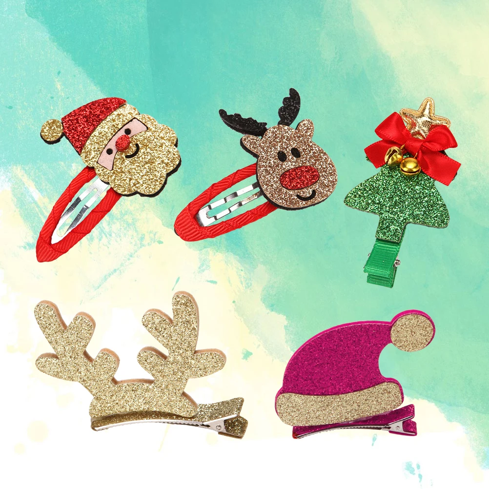 5 قطع من مشابك شعر عيد الميلاد للفتيات والأطفال وإكسسوارات أنيقة وقبعة سانتا الأيائل وأنماط شجرة قرن الوعل مثالية للحفلات