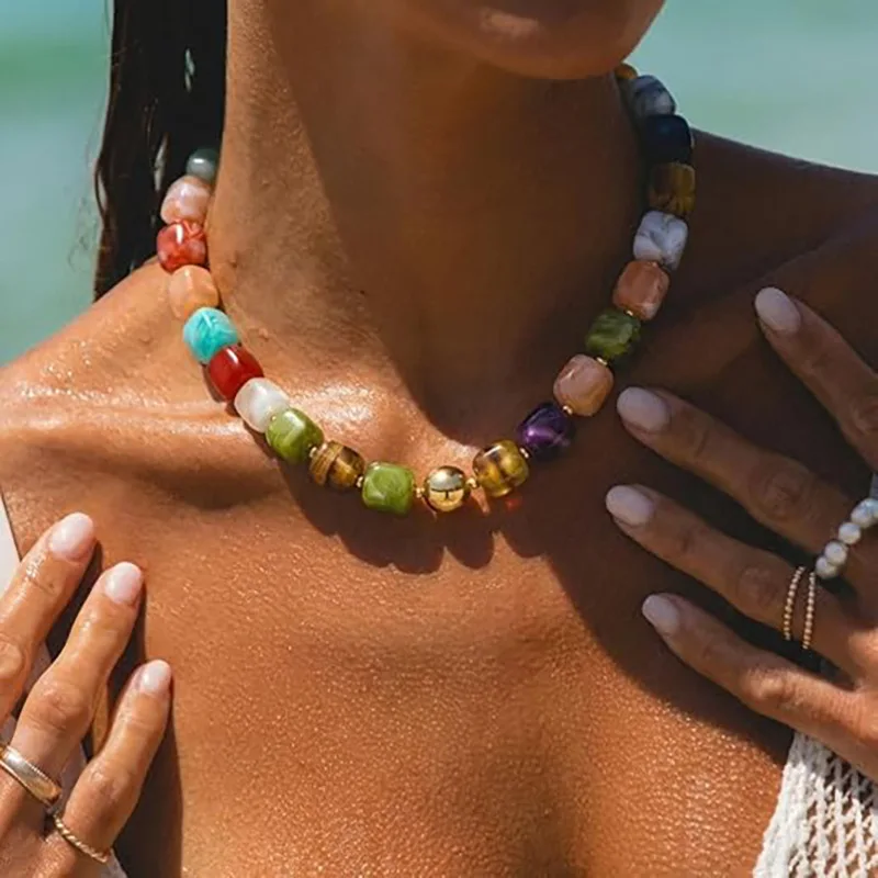 Cross-border New Product Beach Vacation Style Sugar Cube Contrasting Color Bead Bracelet Resin Acrylic Necklace