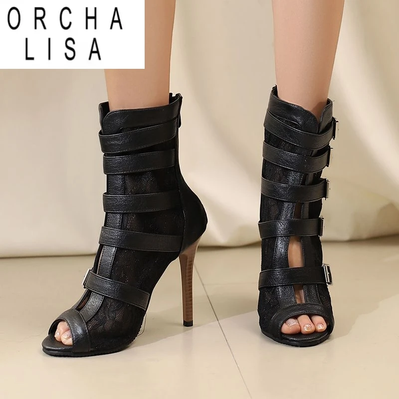 

ORCHA LISA Модные женские ботильоны с открытым носком на шпильке 11 см, застежка-молния, ремень, пряжки, металлическое украшение, смешанный цвет, большой размер 48 49 50