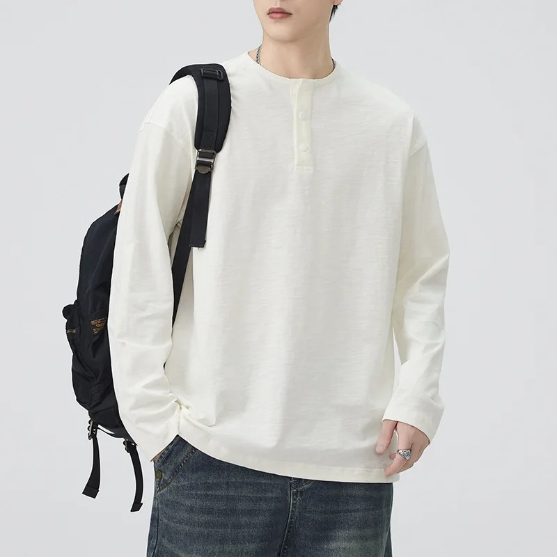 Bamboo-knit Pure Cotton T-shirt 2026 New Fashion Long-sleeved T Shirts Men's American Vintage Large Size Henley Collar Innerwear