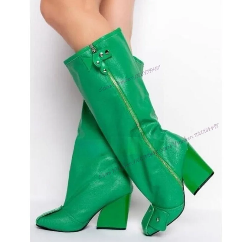 

Green Chunky Heel Side Zipper Boots Matte Leather Patchwork Round Toe Shoes for Women High Heels Shoes 2023 Zapatos Para Mujere