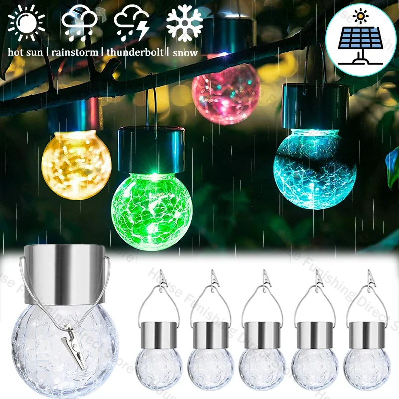 

Solar Powered Outdoor Hanging Lights Colorful LED Cracked Glass Ball Design Waterproof Wall Lantern with Hooks for Garden Patio