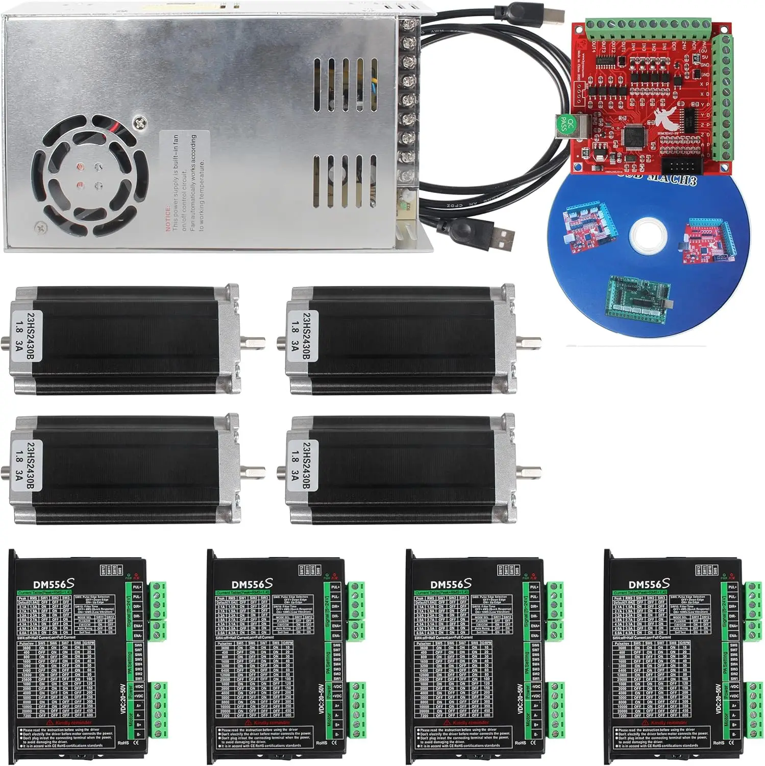 【EU】4 Axis Nema 23 Stepper Motor Kit,3A 425oz.in 112mm Motor Driver,Mach3 Motion Control Card 4 axis USB CNC Controller Kit,