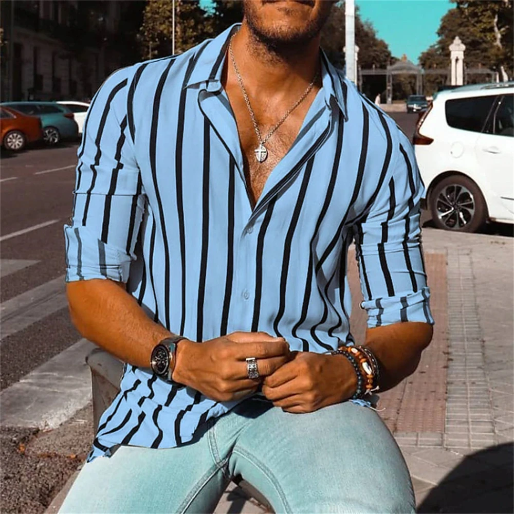 Men\'s Long Sleeve Shirt Striped Shirt Fashion Casual High Quality Street Lapel Men\'s Extra Large Size Top