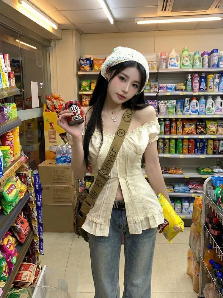 

Ele Pure Desire One oulder irt Women's Design Sensation Waist Cinching ort Sve Top Summer New Sle Commute Sl...