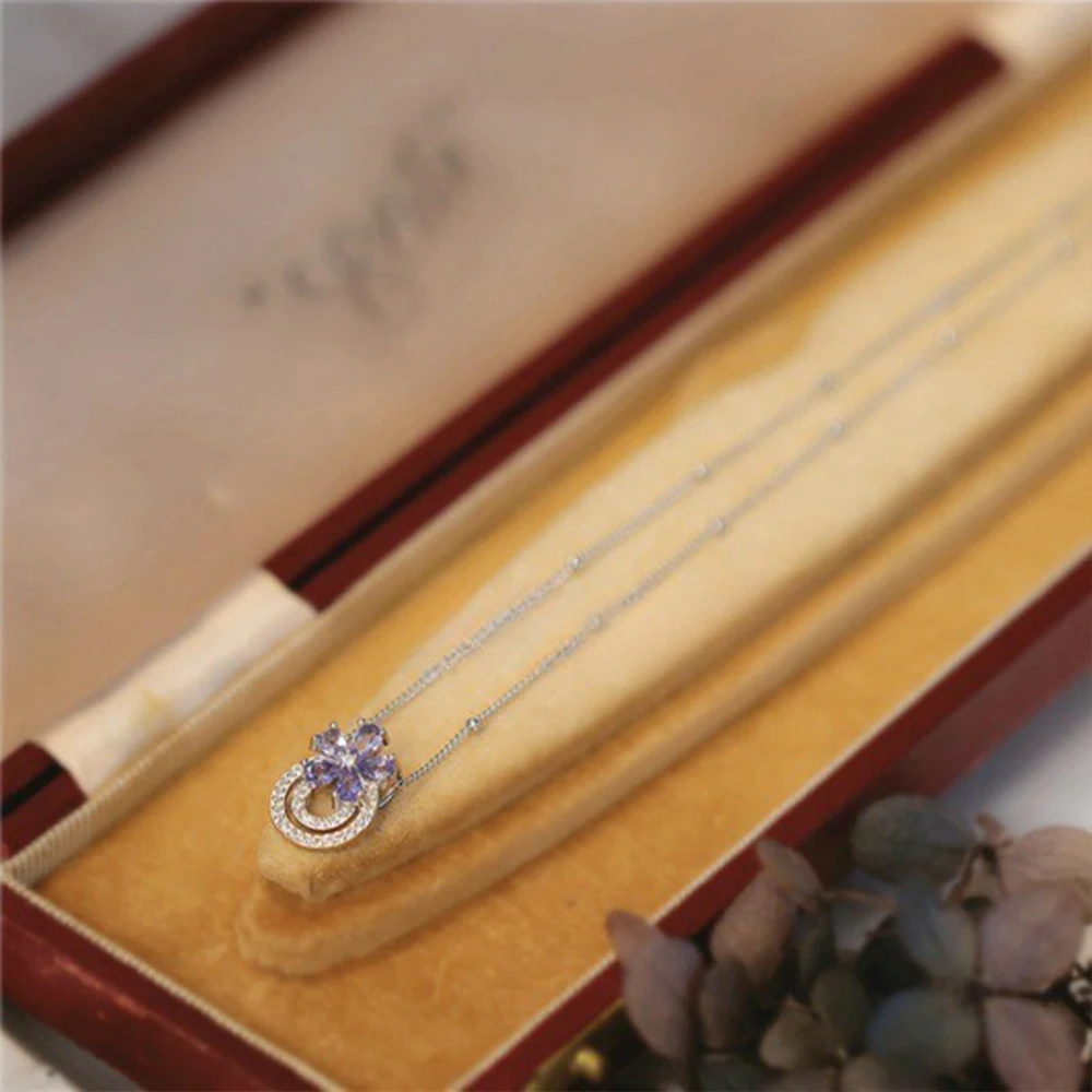 CCFJOYAS Small Fresh Sweet 925 Sterling Silver Light Purple Zircon Flower Pendant Necklace for Women Romantic Exquisite Necklace