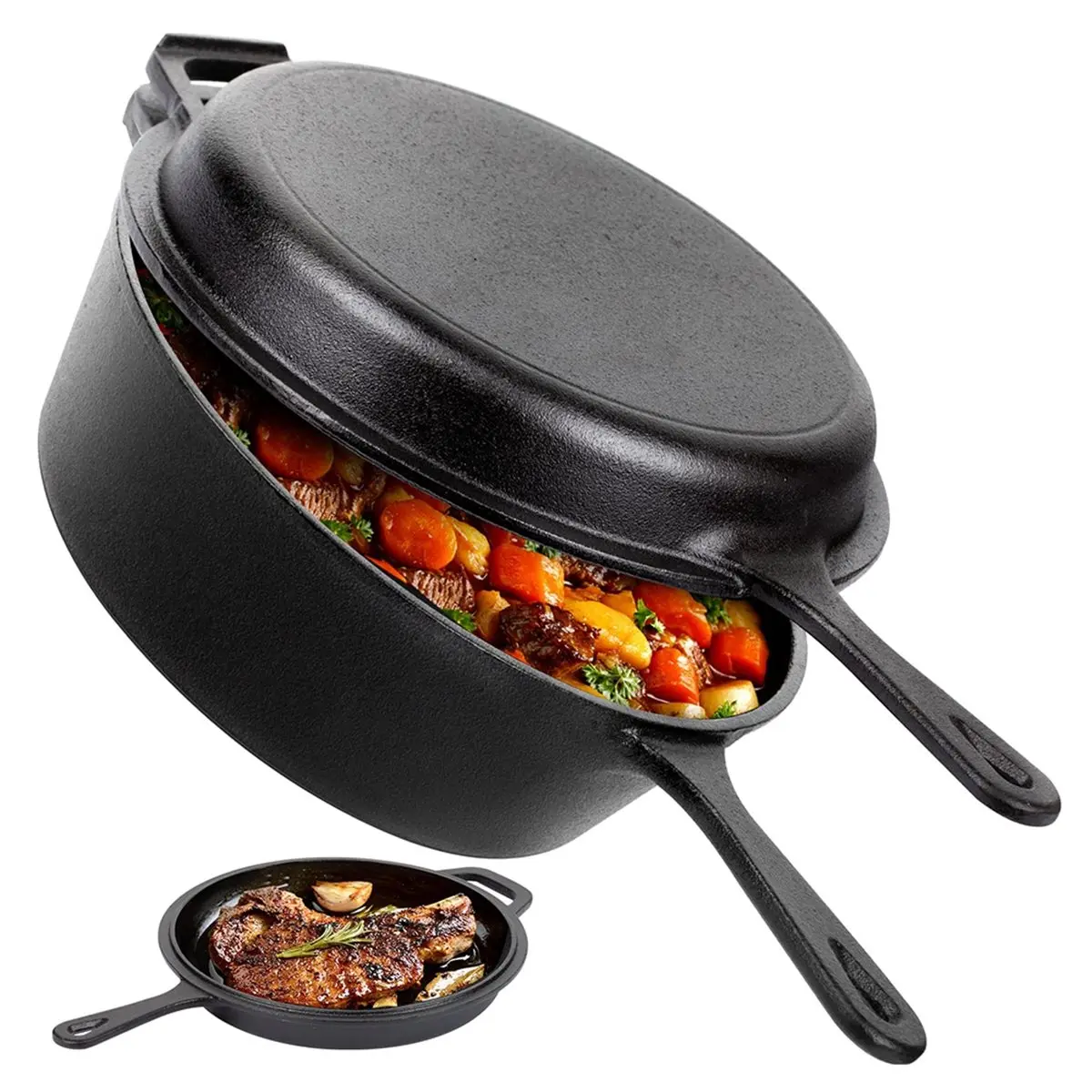 A67T NEW Preseasoned Cast Iron Cookware Set, Dutch Oven & Skillet Combo, 2-in-1 Multi Cooker for Bread