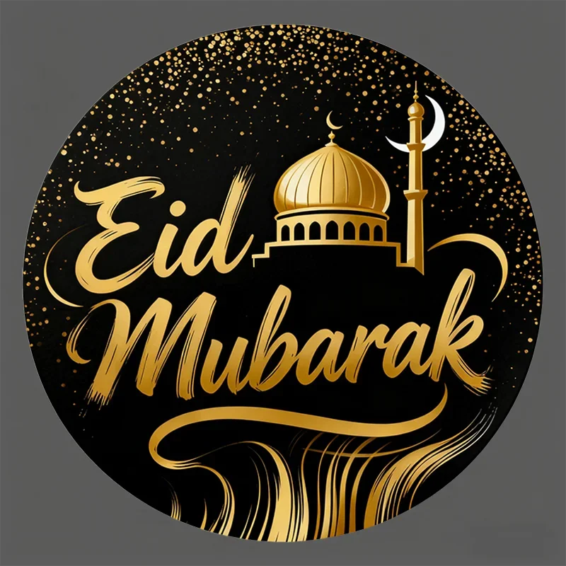 

Eid Mubarak Round Stickers – Brushstroke Crescent Dome Decorative Decals, Ideal for Eid Gift Bags, Boxes and Envelopes
