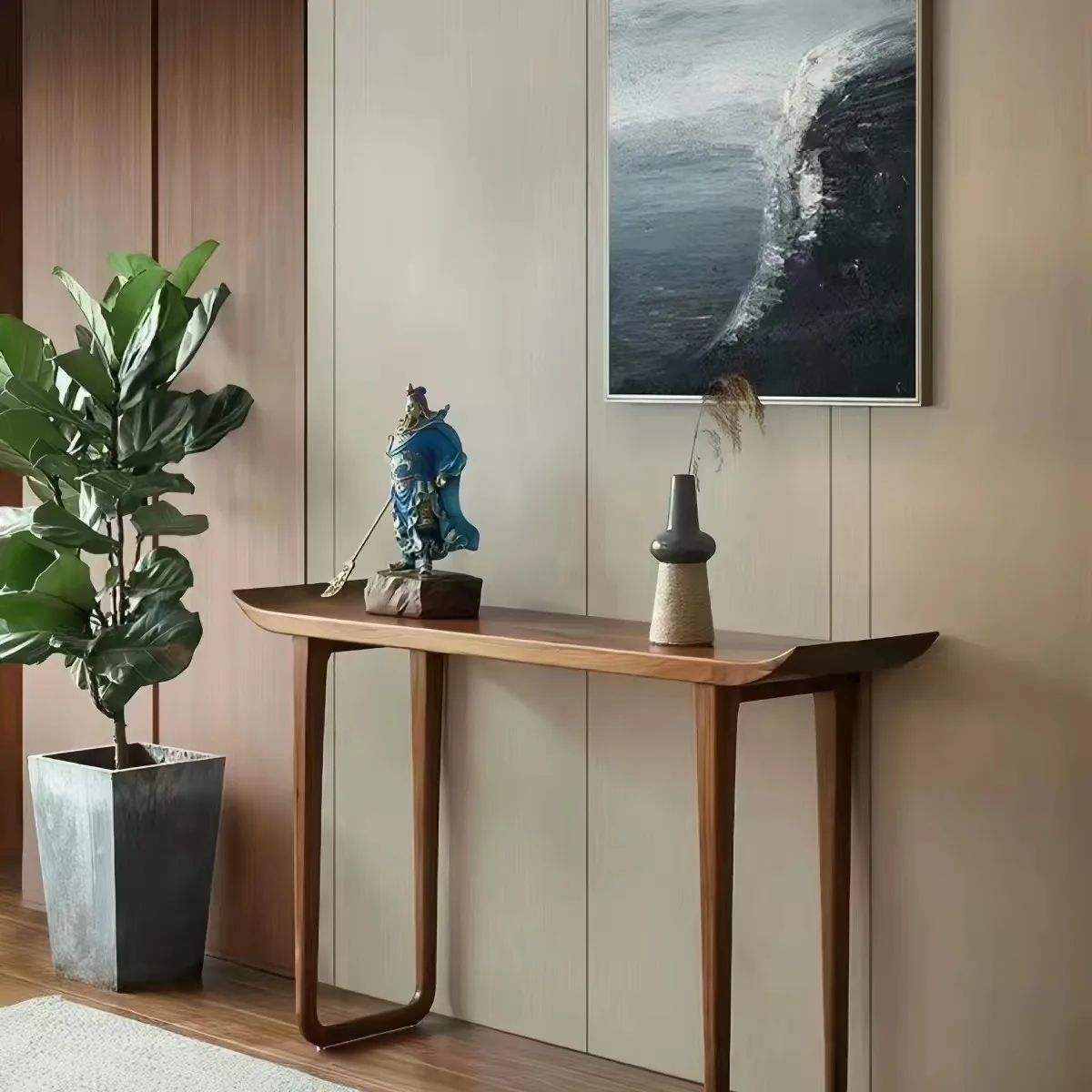 New Chinese-style entrance table against the wall, narrow  entry strip case, warped head , hotel end view