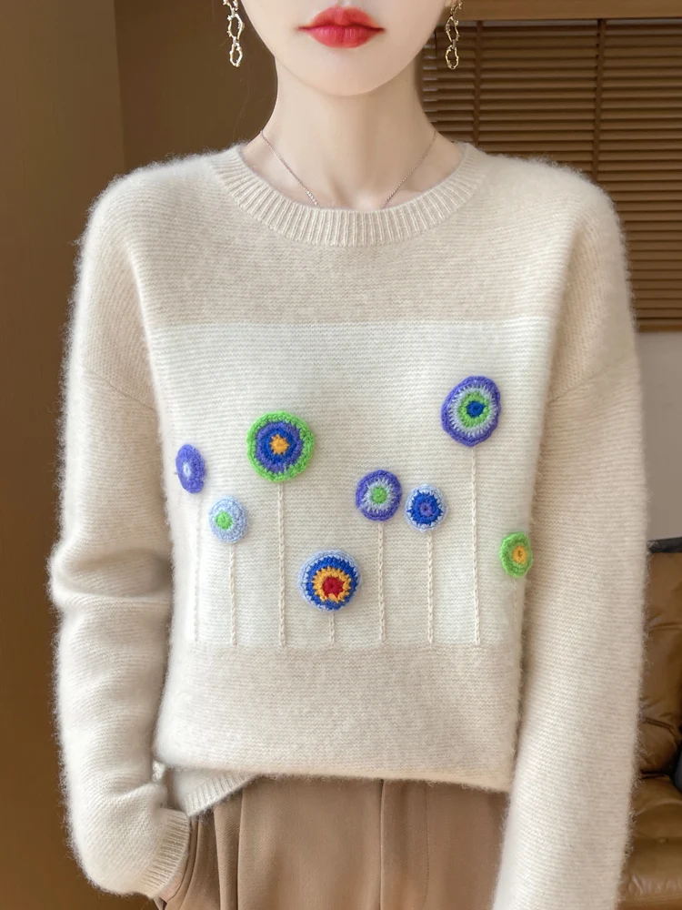 Autumn and Winter New 100% Woolen Sweater Women's Round Neck Knitted Small Flower Embroidered Hook Flower Top