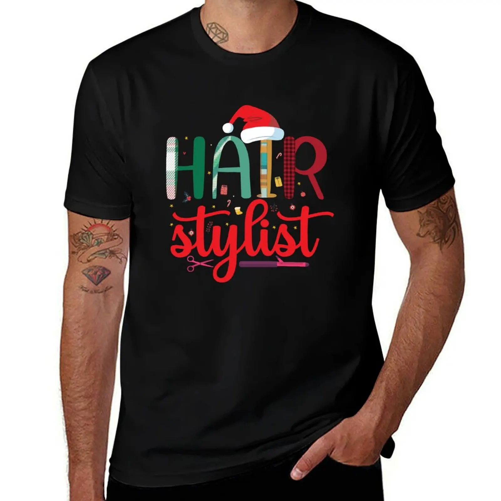 Hair Style design with Santa's Hat Funny Christmas Hairstylist T-Shirt blacks Aesthetic clothing mens graphic t-shirts