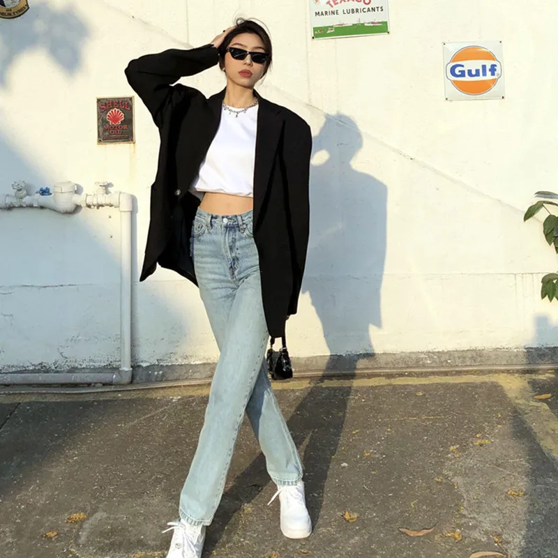 

High Waist Extended Length Skinny Straight Leg Jeans Women's Spring Autumn Light Blue Jeans High Waist Straight Tube Floor-Le...