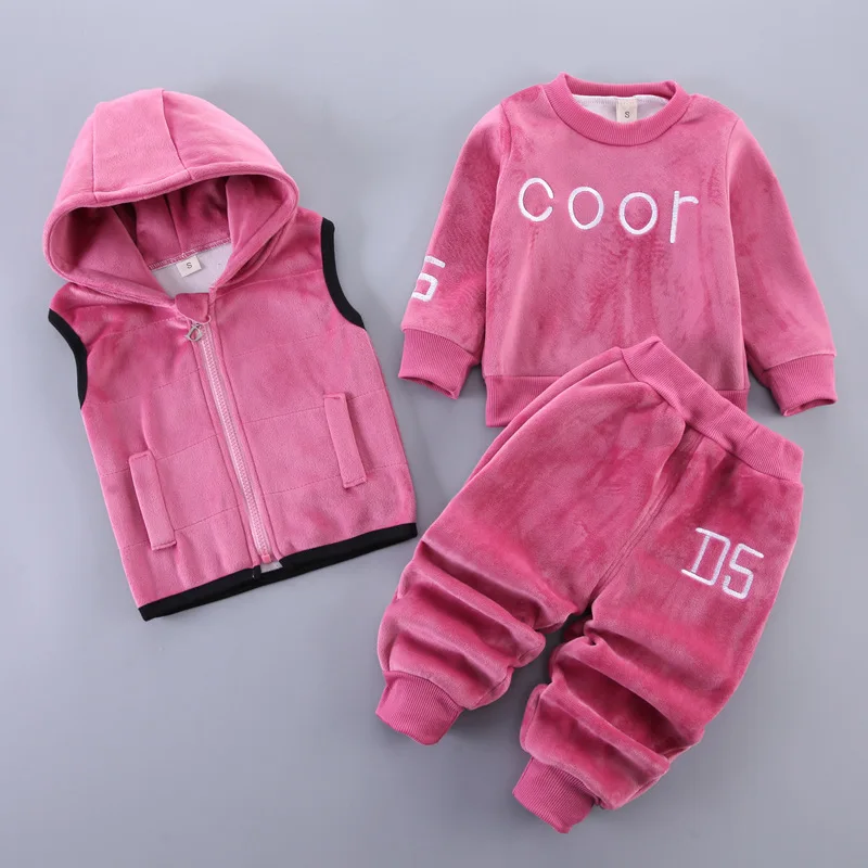 2023New Children\'s Clothing Boy Girl Baby Autumn And Winter Plus Velvet Thickening Hooded Cartoon cat Three-Piece Baby Suit 0-4Y