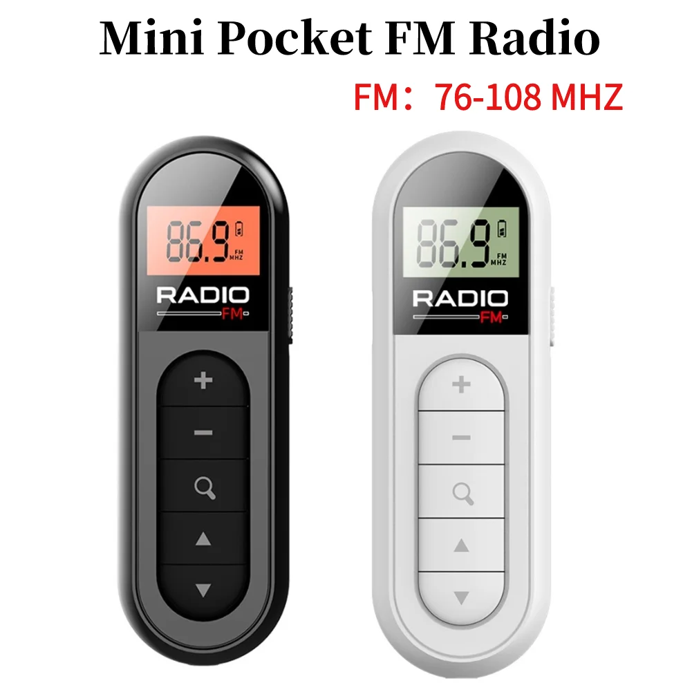Radio pequeña con Clip y retroiluminación, pantalla LCD, Mini Radio FM de bolsillo, Walkman, 108mm, conector para auriculares para reuniones y deportes, 76-3,5 MHZ