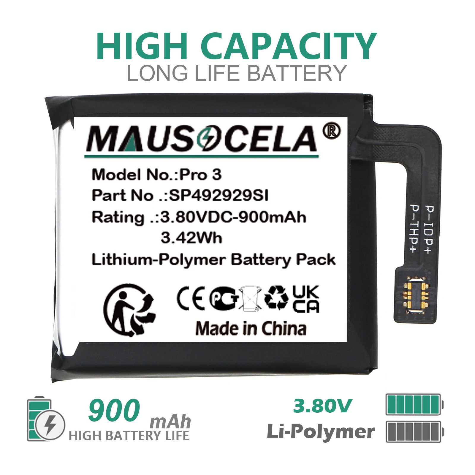 900mAh Smartwatch Battery For Ticwatch:SP492929SI,Pro 3,+Toolkit,--Li-Polymer--3.85V--900mAh/3.42Wh