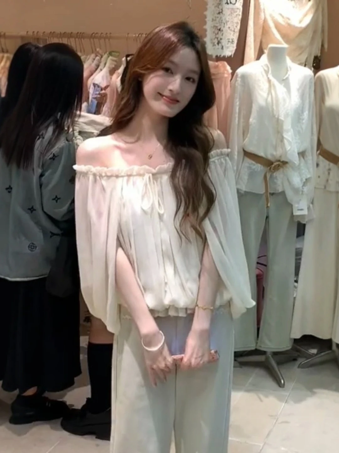 

Summer Lace-Up oulder Chiffon Top Women's Me Outerwear Casual Loose Fit Long Sve One-oulder Transparent Gauze Blouse