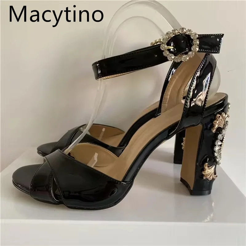 2025 New Black Patent Leather With High HeelWomen Sandals Word Buckle Hollow Fashion Joker High Heels
