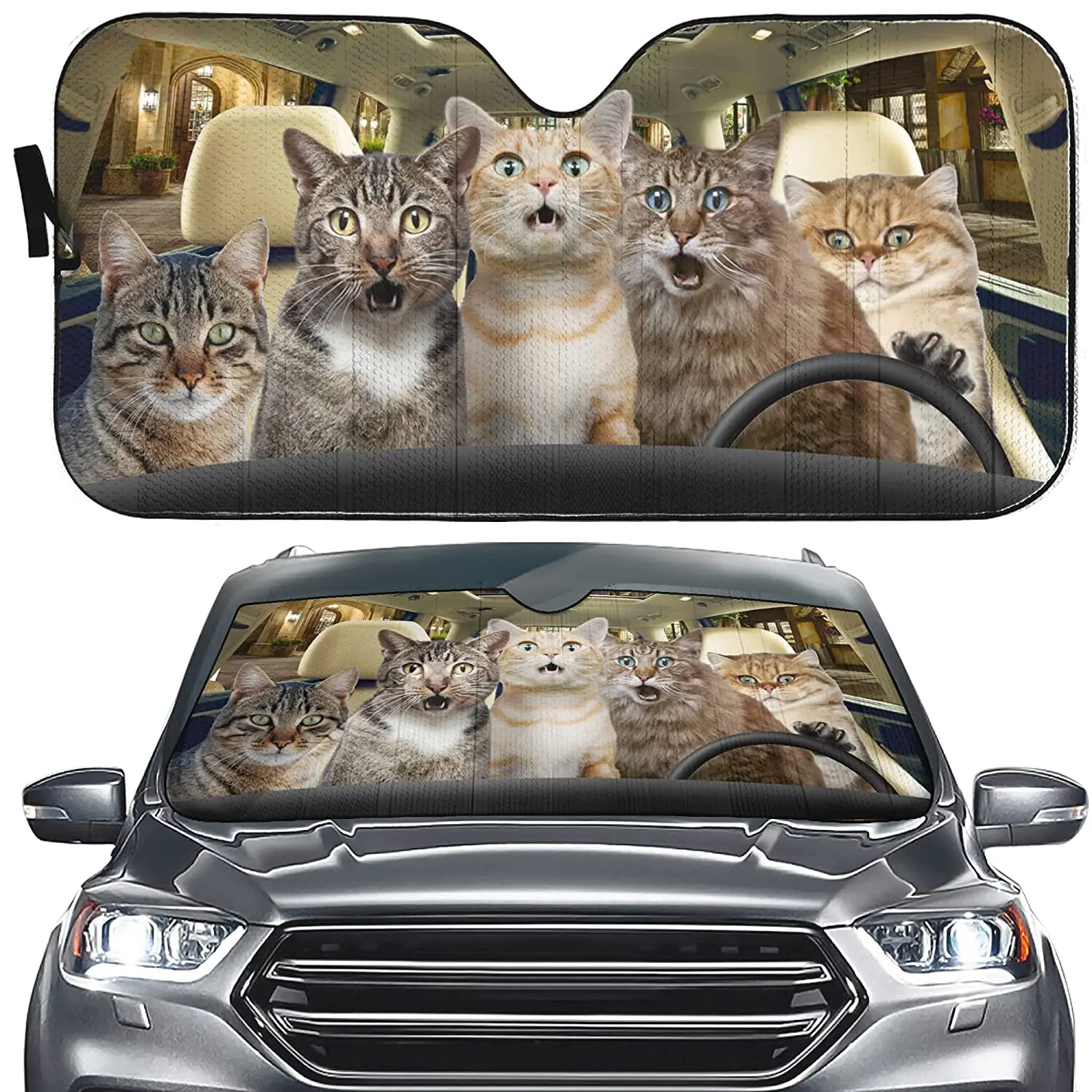 YOSA Car Sun Shade Windshield Bengal Cat Driver, Shocked Funny Cat Car Front Window Sunshades Cover, Keep Vehicle Cool UV Sun He