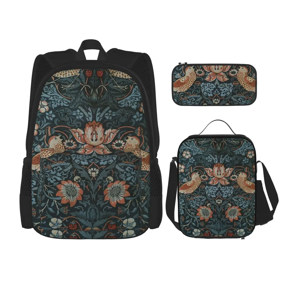 Strawberry Thief  Backpacks Boys Girls Bookbag Students School Bags Kids Rucksack Lunch Bag Pen Bag Three-Piece Set