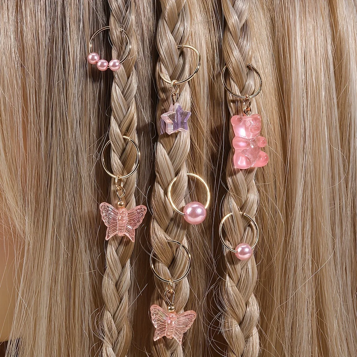 14 pçs anéis de cabelo de urso rosa e laço de cabelo para mulheres tranças dreadlock contas clipes punhos de metal ajustáveis trança acessório de cabelo