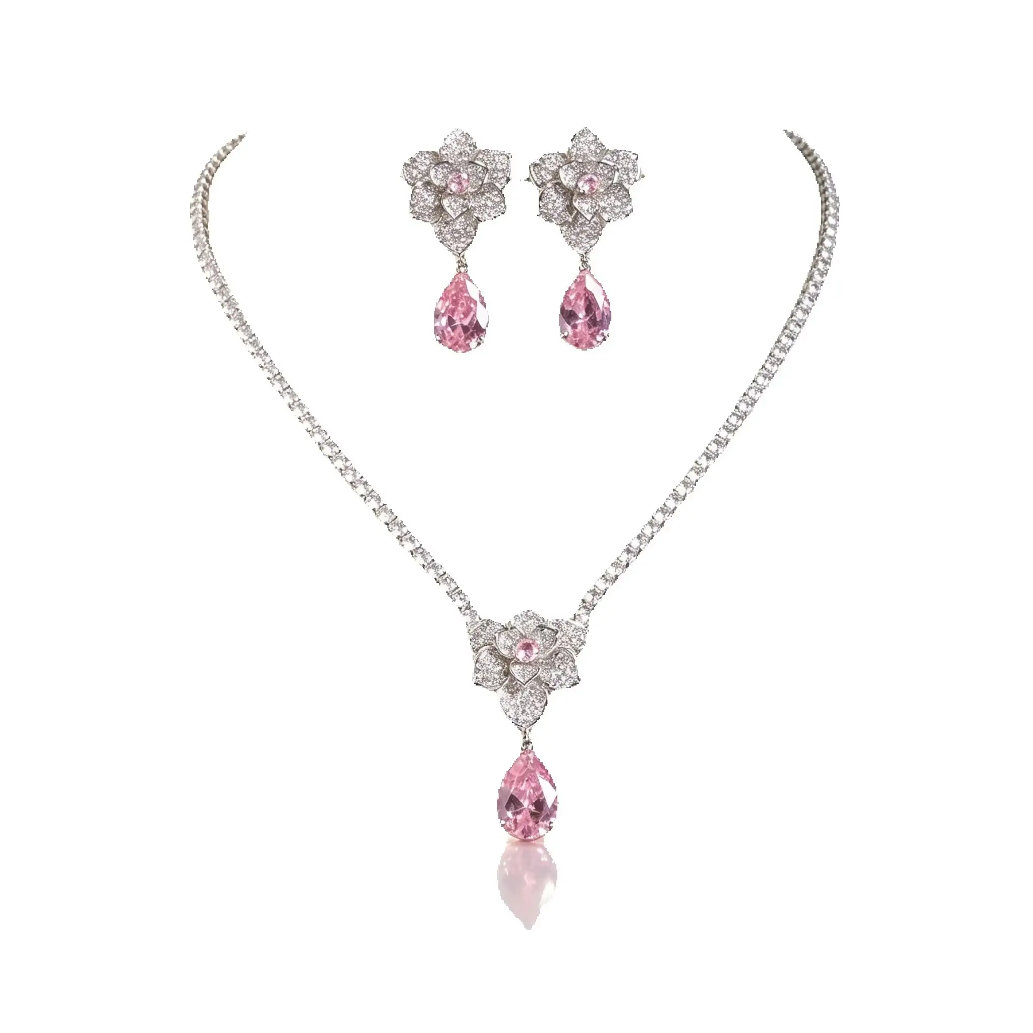 Light Luxury Shiny Pink CZ Teardrop Flower Shaped Necklace Earrings Romantic Delicate Anniversary Wedding Jewelry Sets for Women