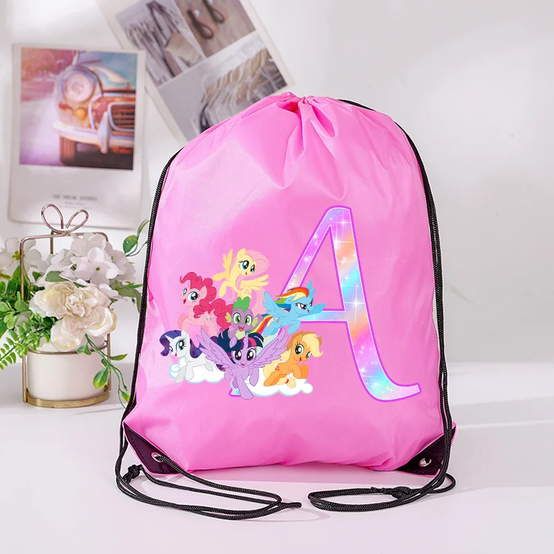 

My Little Ponys Drawstring Bag Anime Letter A-Z Print Pouch Clothes Shoes Storage Waterproof Sport Gym Backpack Birthday Gift
