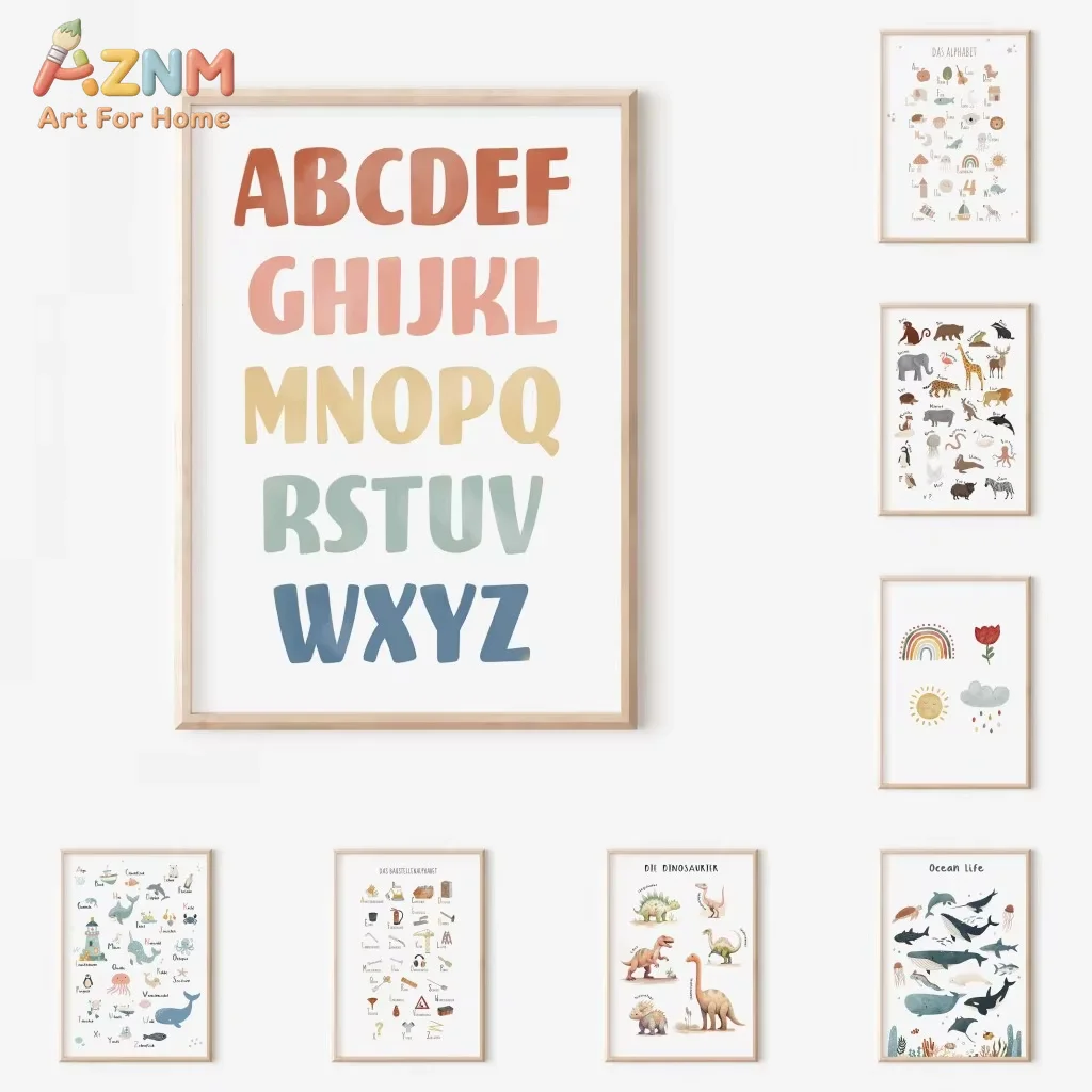 1PC Nordic Retro Alphabet Number Poster And Prints Room Decor Cartoon Animal Plant Tool Wall Art Canvas Painting