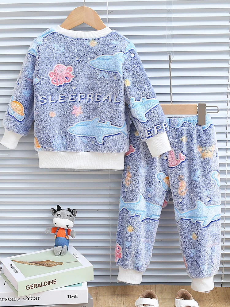 2pcs baby boy autumn and winter night light pattern plush thick long sleeved shirt and pants for comfort Chid Accessories