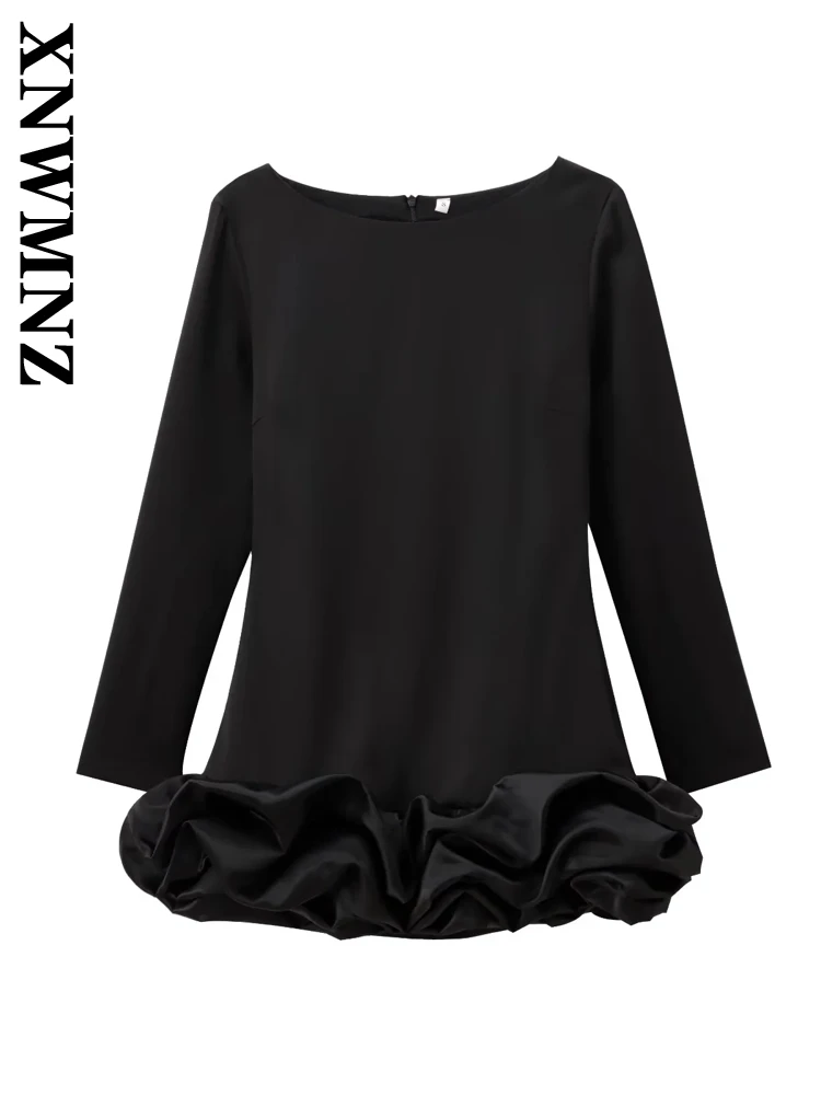 XNWMNZ 2024 Autumn Female Evening Party Long Sleeve Mini Skirt Dresses Sophisticated Woman's O-Collar Top Ruffles zipper Dress