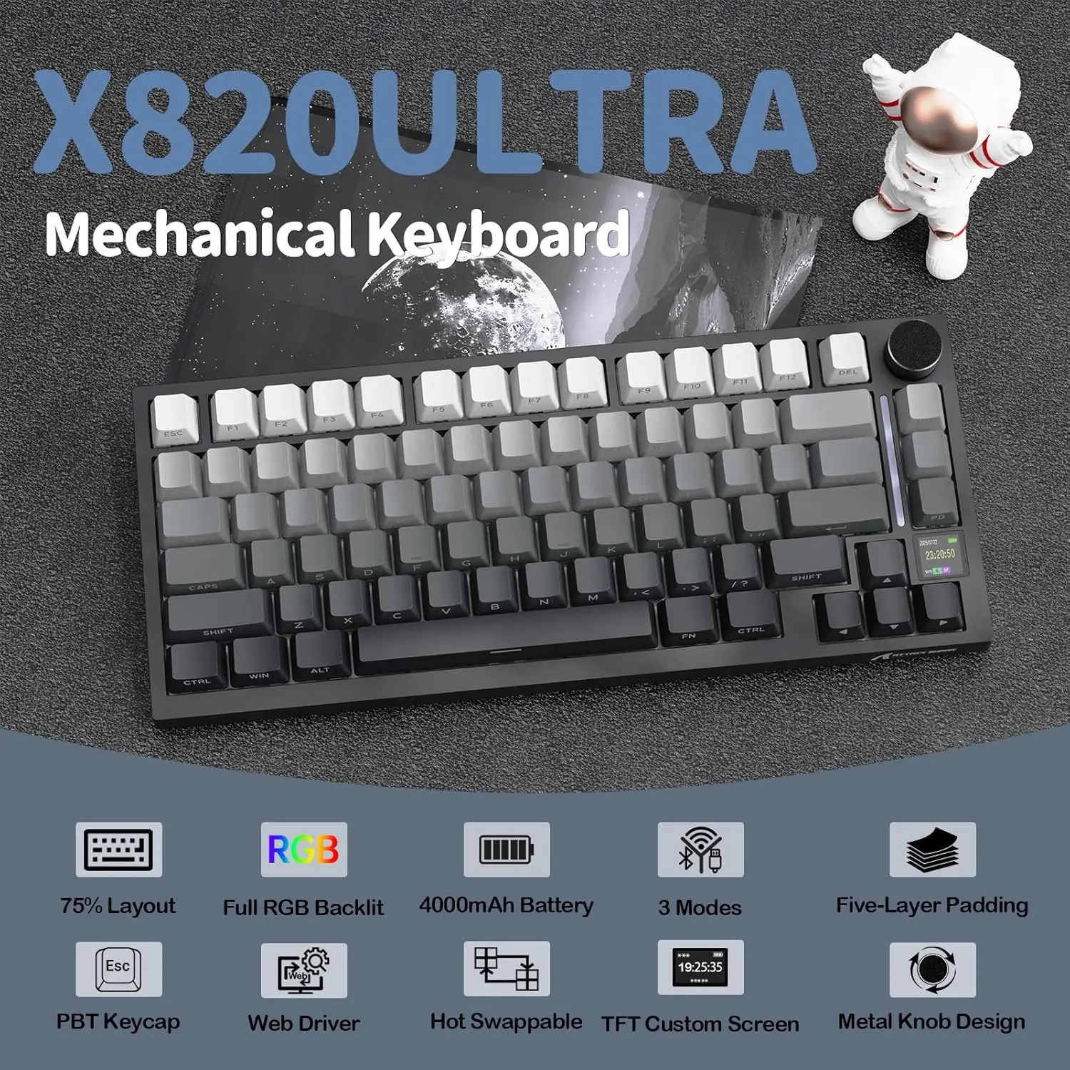 ATTACK SHARK X820 75% Ultra Wireless Mechanical Keyboard with TFT Smart Display & Knob, Hot Swappable, RGB South Facing LED