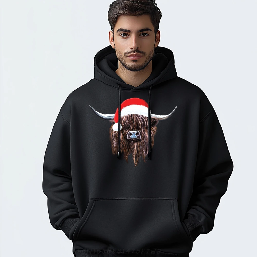 Scottish Highland Cow Christmas Santa Hat Mens Korean Fashion Summer Graphic Pullover Hoodies Cool