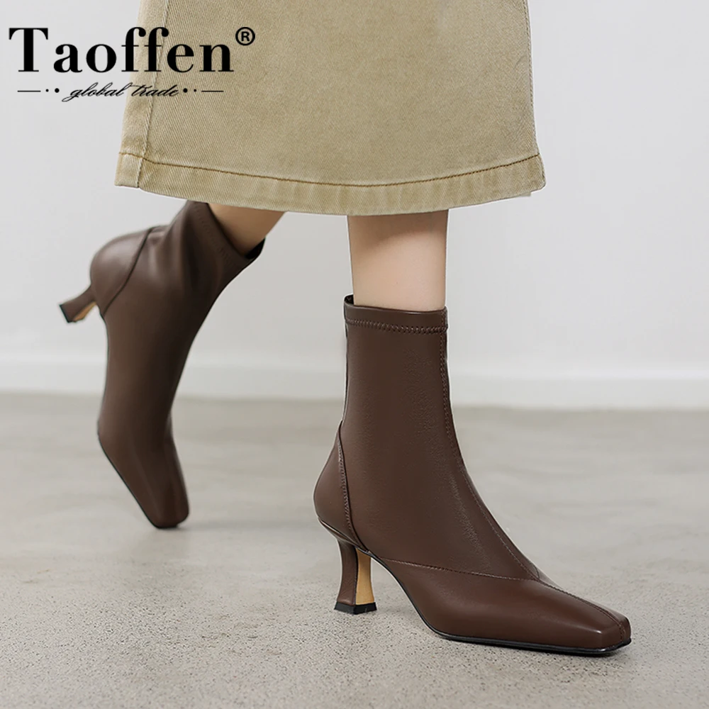 Taoffen Real Leather Women Stretch Boots Fashion Square Toe Thin High Heel Short Boots Slip On Dress Office Women Boots Handmade