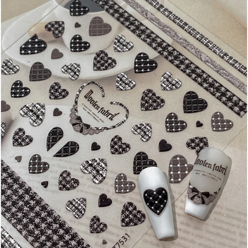 Retro Grid Love Heart Nail Charms Stickers Red Silver Brown Texture Coarse Floral Heart Pattern Self Adhesive Nail 3D Decoration