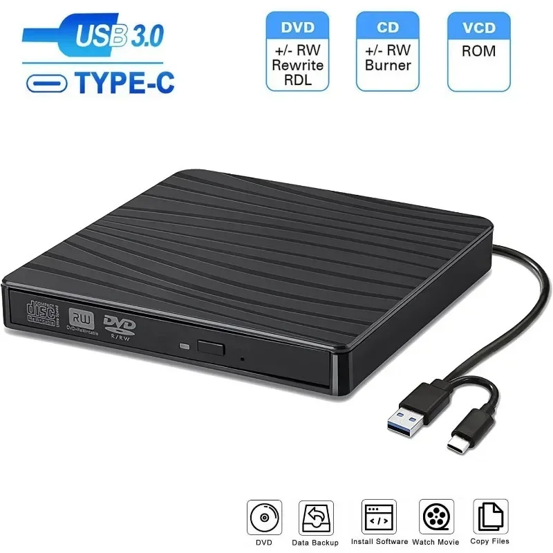 

USB 3.0 Type C Портативный DVD CD +/-RW Внешний привод, оптический привод, ПЗУ-ридер для ноутбука, ПК, настольного компьютера, MacBook iMac, Windows 11