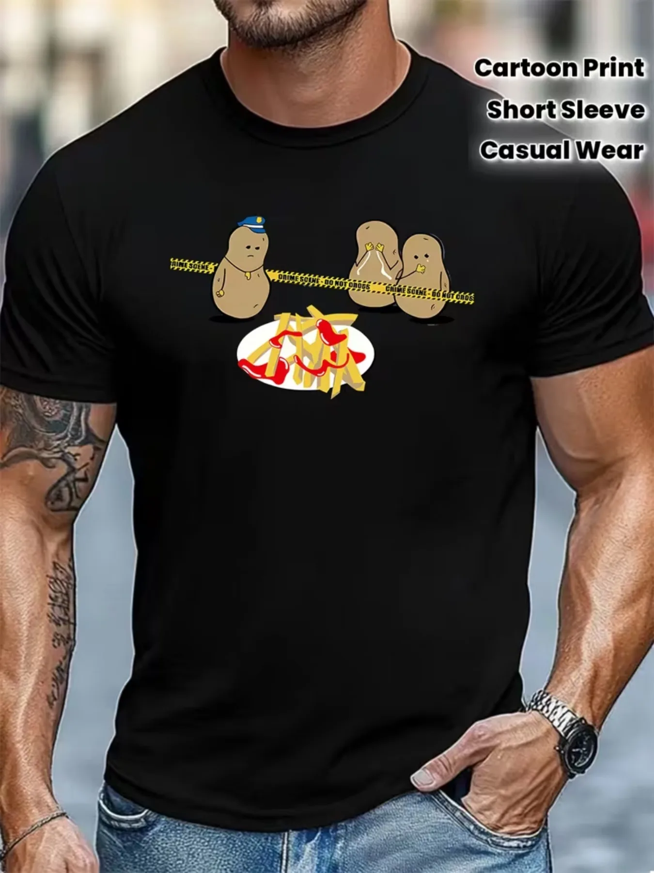 Men's Fun Potato Murder Printed T-Shirt - Humorous Crime Novel Theme Cartoon Pattern Short Sleeve Crew Neck, Breathable and Comfortable, Casual for All Seasons
