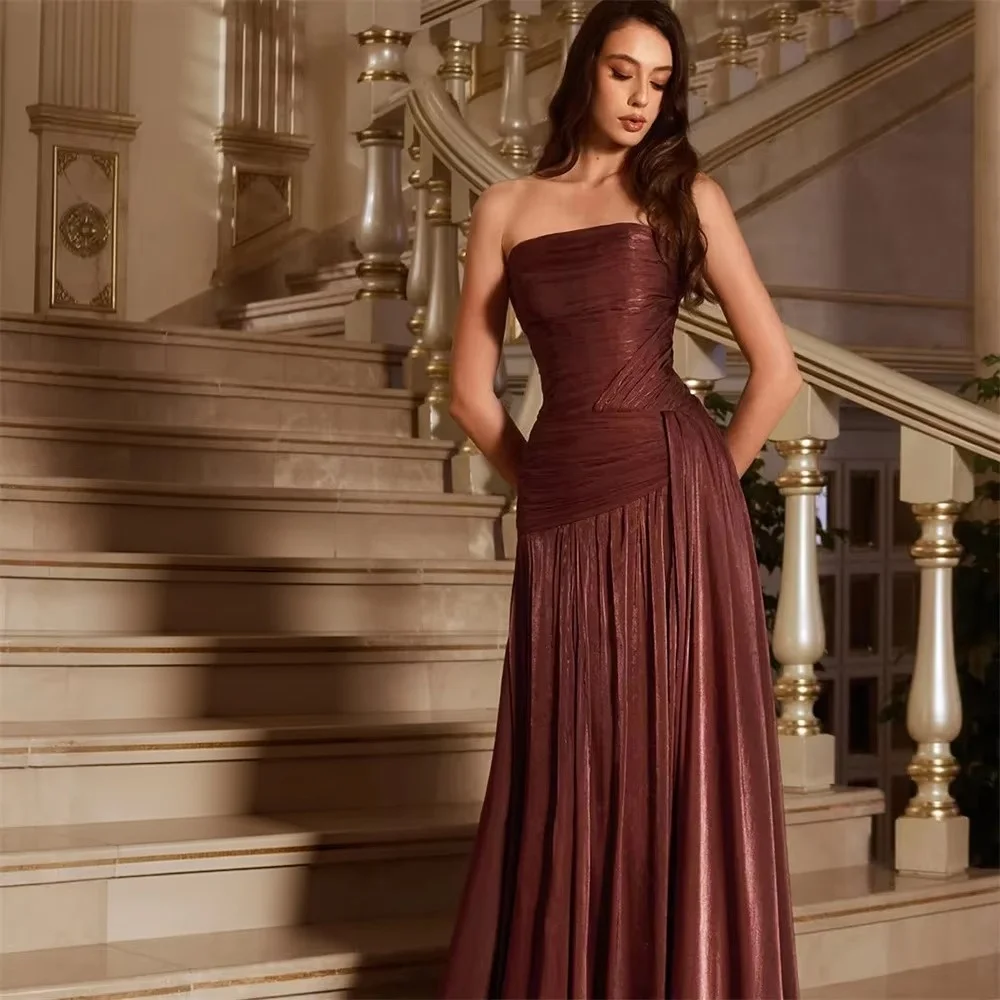 Mermaid Strapless Pleat Shiny Brown Evening Dresses Formal Party Gowns for Women Sleeveles Elegant Prom Gown Customize