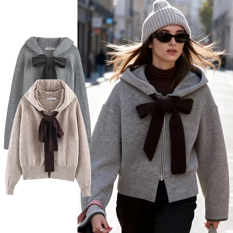 Tidalyf 2026 nouveau Cardigan en tricot à capuche pull femmes printemps mode rue chaud femmes pull Chic jeunesse Cardigan Blouse hauts