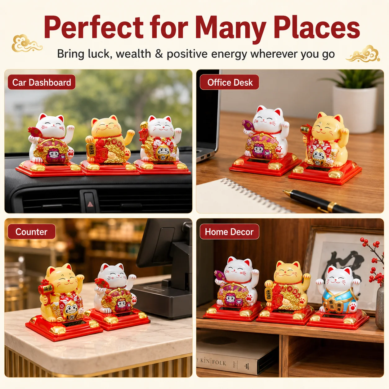 Solar Lucky Cat Waving Arm Ornament Maneki Neko ABS Desk Figurine for Car Dashboard Shop Counter Home Decor Gift 3 Size Options