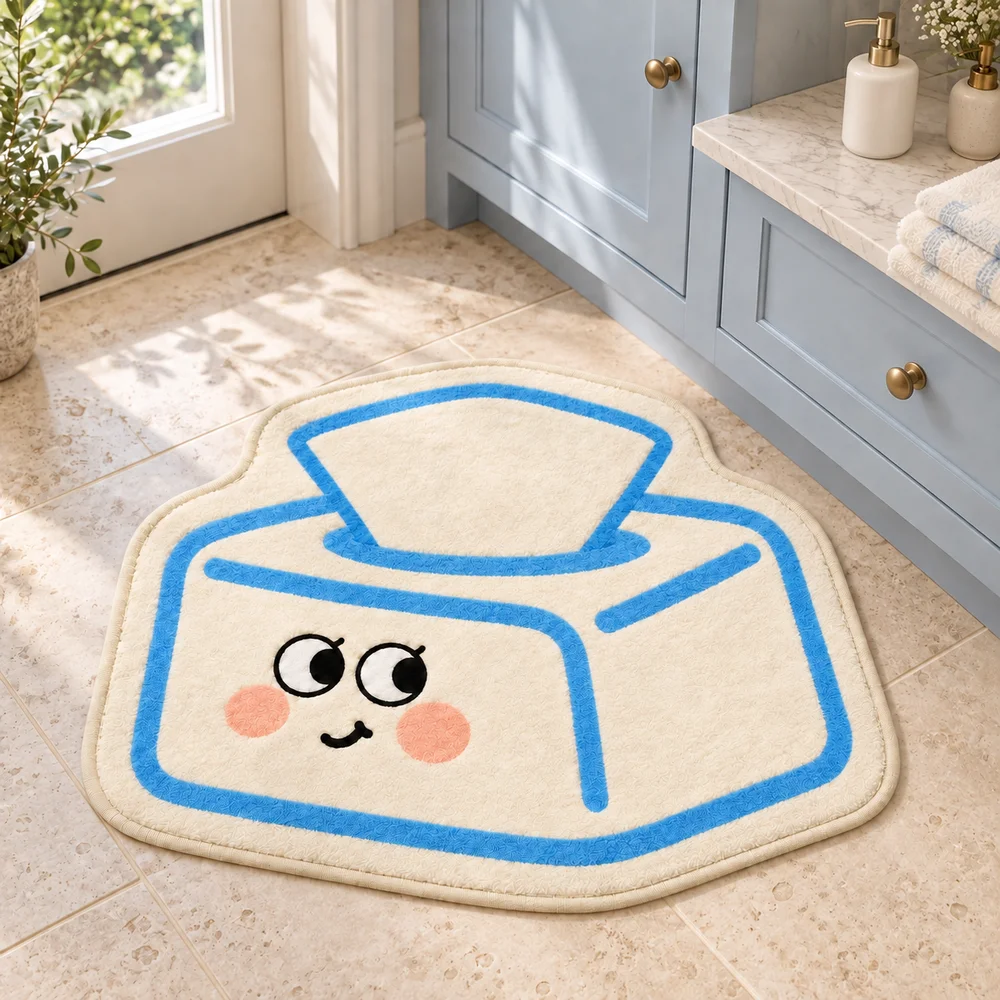Cartoon Tissue Box Shaped Rug, Creative Irregular Flannel Floor Mat for Bedroom Living Room Bathroom Entryway Home Decor Gift