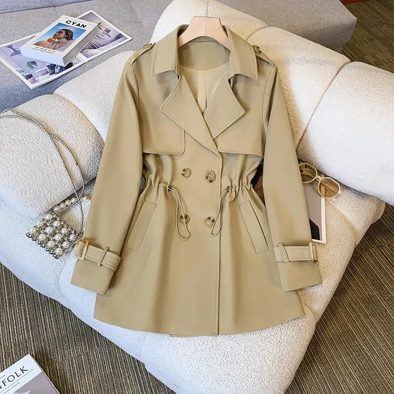 

Khaki Double breasted Trench Coat Women's 2024 Spring Autumn New Slim Temperament Overcoat Solid Mid length Female Windbreak