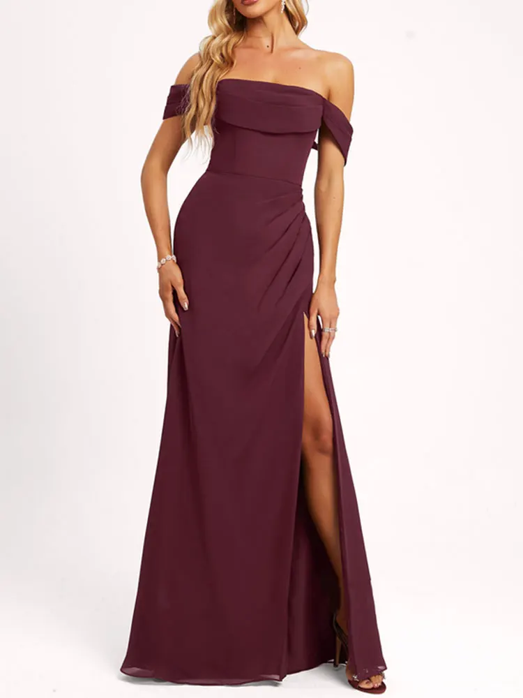 Floor-Length Chiffon Bridesmaid Dress Off the Shoulder Evening Party Dress High Slit  Mermaid/Trumpet Elegant Prom Dress