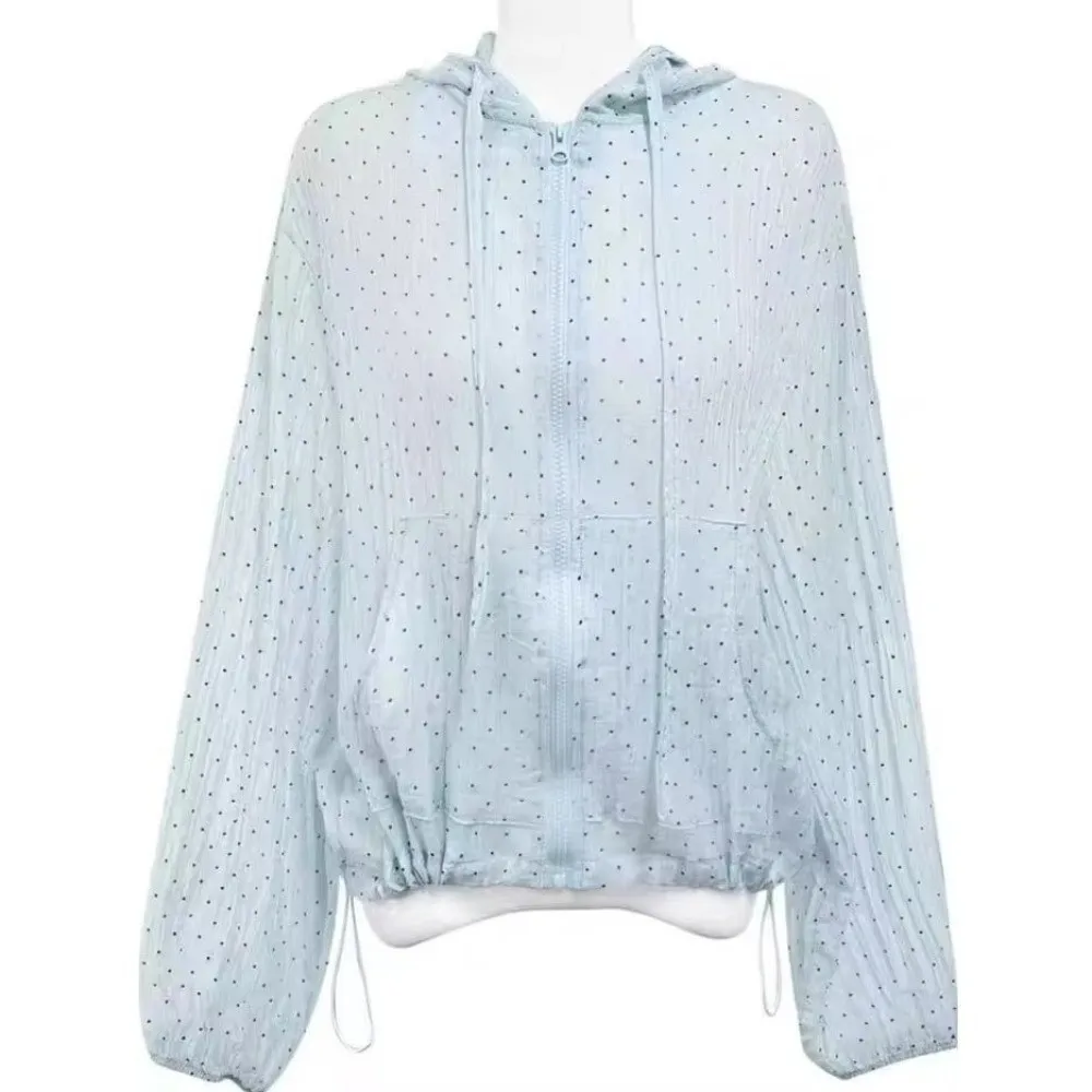 Lässige Polka-Dot-Sonnenschutzjacke, lockere Passform, dünne Kapuzenjacke, atmungsaktive Jacke mit langen Puffärmeln, schnell trocknende Jacke