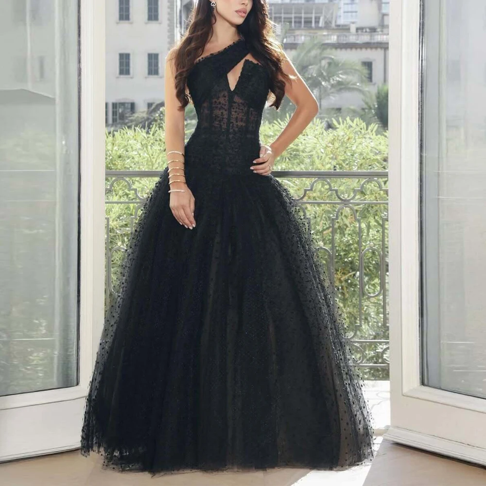 

Customized One Shoulder Polka Dot Skirt Evening Dress Illusion Bodice vestidos de gala 2026 Puffy Tulle Prom Gown