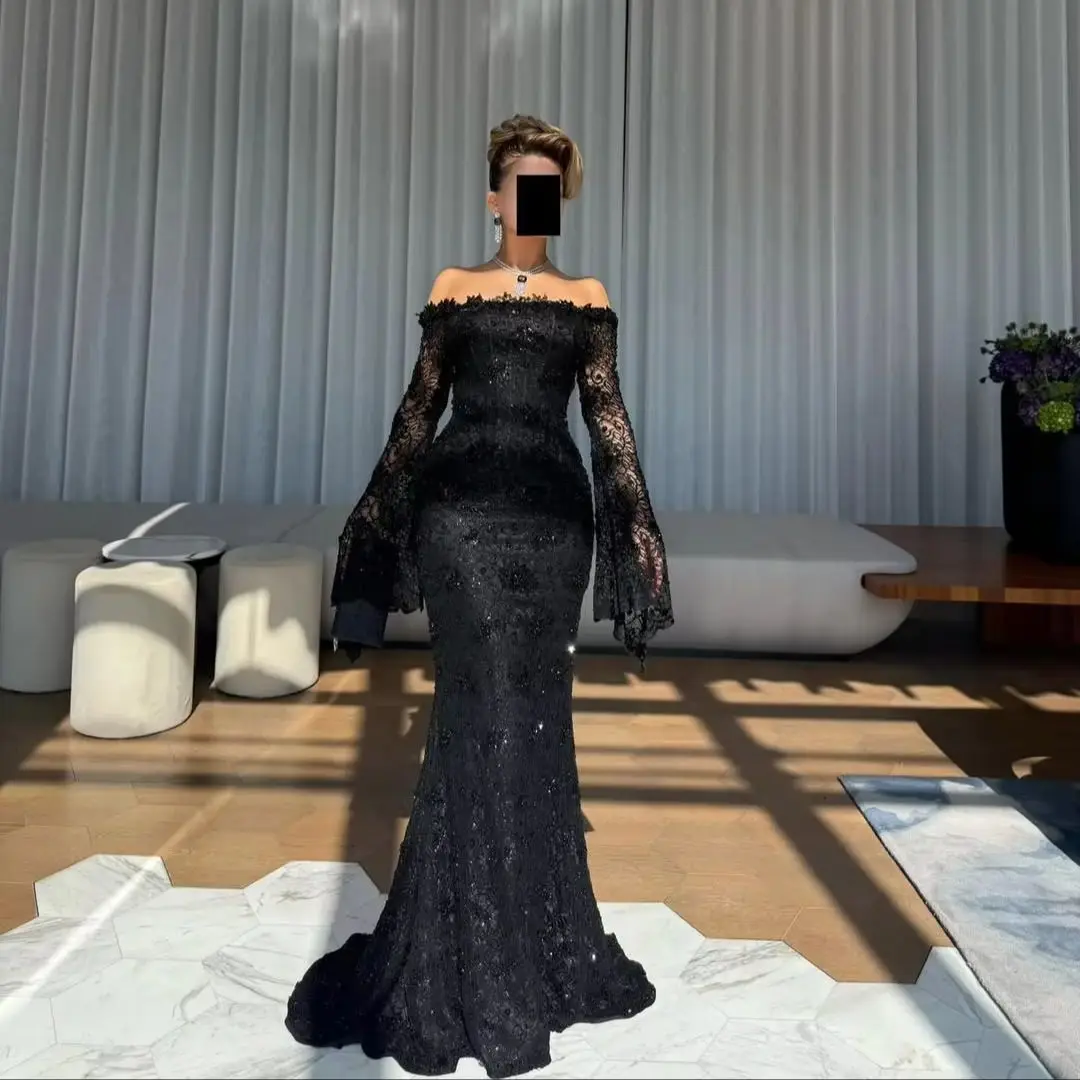 

Arabia Elegant Black Lace Cross straps Beads Evening Prom Dresses Off-the-shoulder Floor-Length Mermaid Party Gown Customized