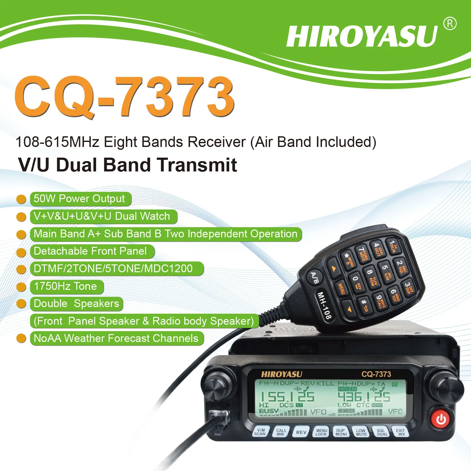 HIROYASU CQ-7373 Amateur Mobile Transceiver 50W 100Ch Air Band Rx VHF UHF Dual Band Tx Front Panel Detached Car Walkie Talkie