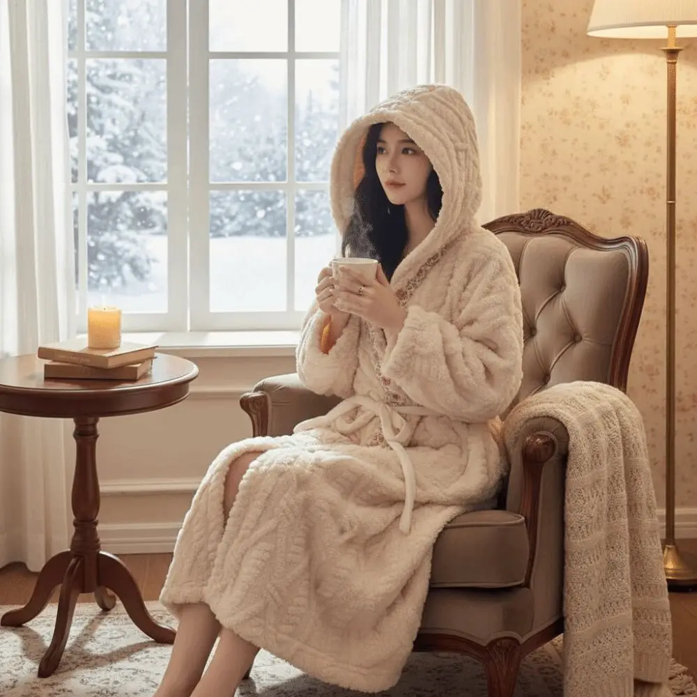 

Flower Coral Fleece Sleepwear Winter Flannel Long Sleeves Night-robe Sweet Thick Warm Cloak Hooded Nightgown Autumn Winter