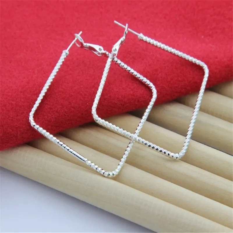 

New 925 Sterling silver elegant Square big hoop earrings for women fashion party wedding accessories jewelry Couple gifts