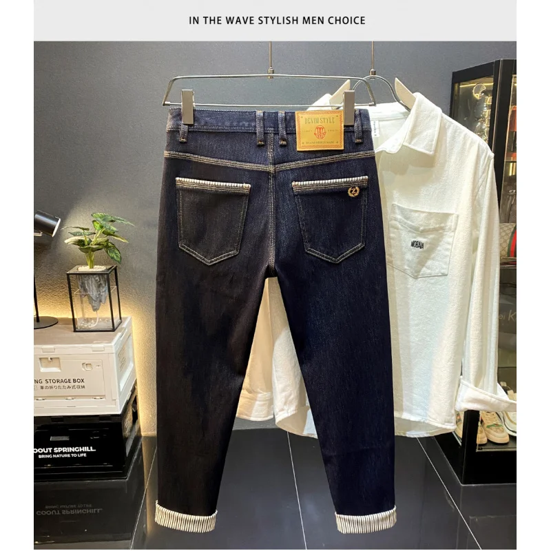 

Осень 202, новые легкие роскошные мужские джинсы оригинального цвета в стиле ретро, облегающие, маленькие ноги, четырехсторонние эластичные повседневные длинные брюки