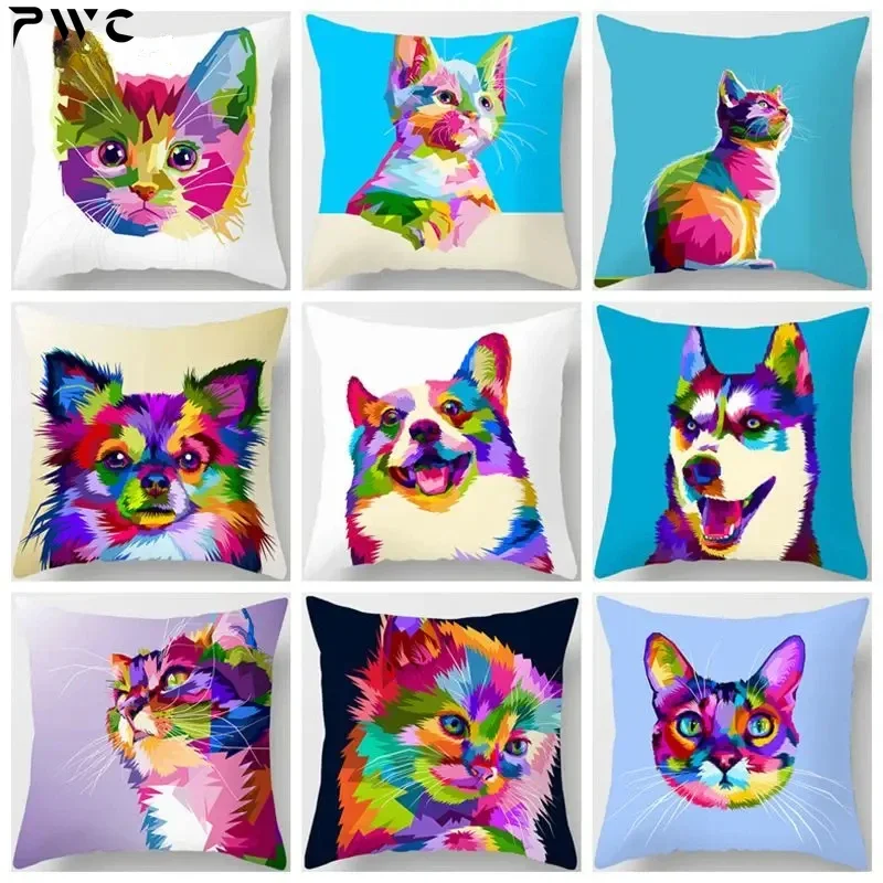 Colorful Animal Cushion Cover Lovely Cat Dog Giraffe Zebra Lion Pillow Cover Polyester Pillow Case Home Decor